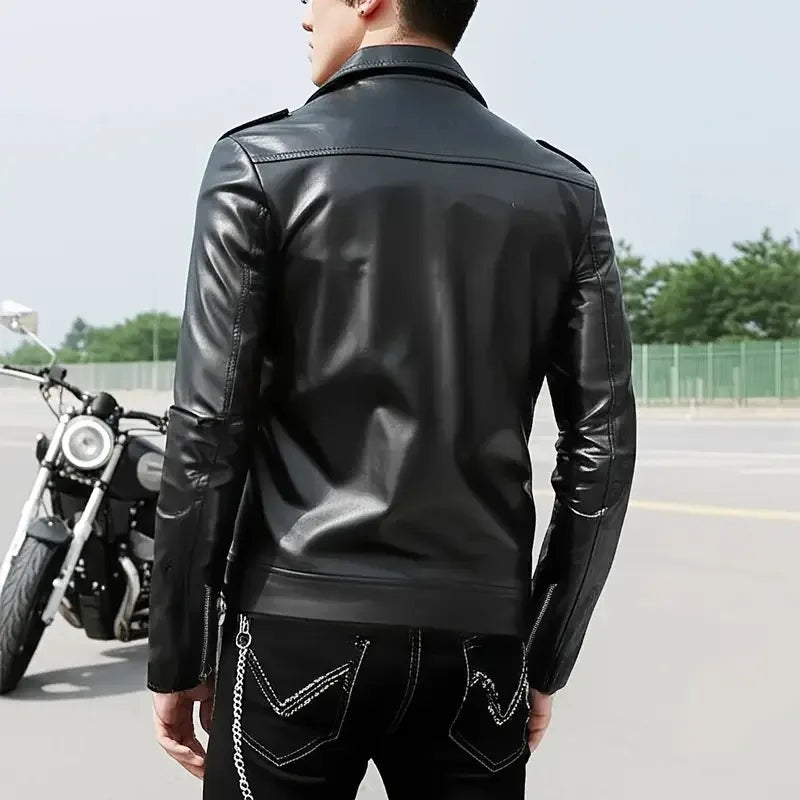 Street Style Men's Biker PU Leather Jacket Zipper Closure Slim Fit Handsome Motorcycle Function Outerwear Summer Season