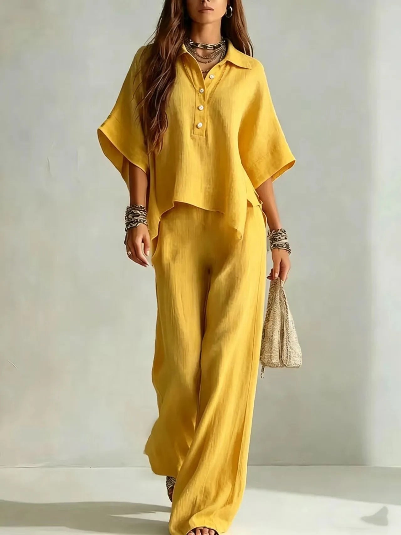 New Solid Color Pants Set 2026 Summer Loose Half-sleeved Shirt Loose Wide-leg Trousers Two-piece Set Fashion Vacation Suit