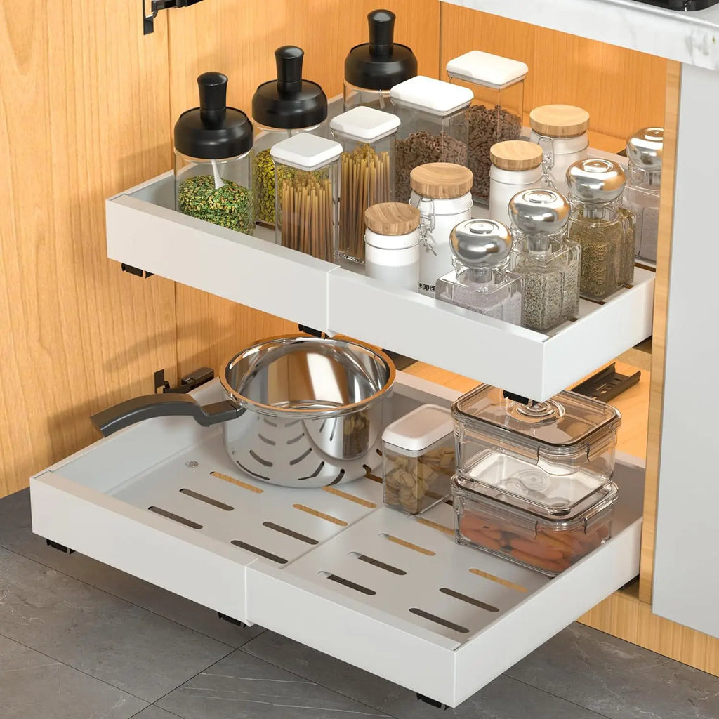 Expandable Pull Out Cabinet Organizer Rack, Adjustable Sliding Drawer Storage Basket , Pantry and Kitchen Cabinet Organizer