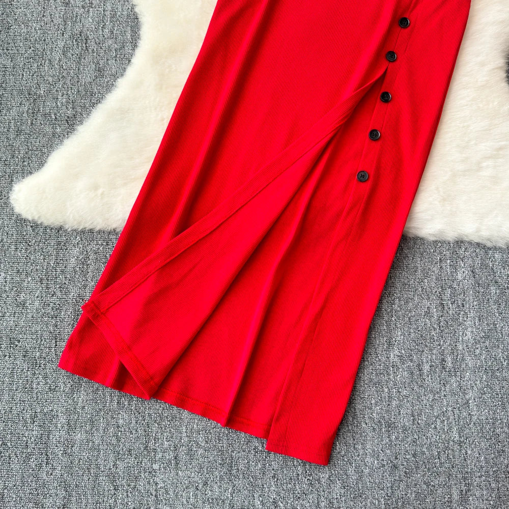 Sexy two Pieces Sets Chic Elegant  v neck slip camis with High Waist Hip Wrap Single Breasted split summer sweet Full Skir