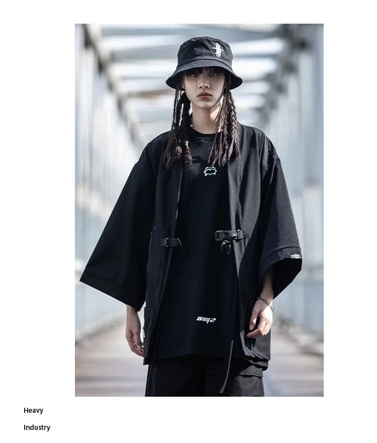 2023 Ribbon Hip Hop Punk Techwear Kimono Oversized Shirts Mens Japan Style Harajuku Casual Cargo Shirt Cloak