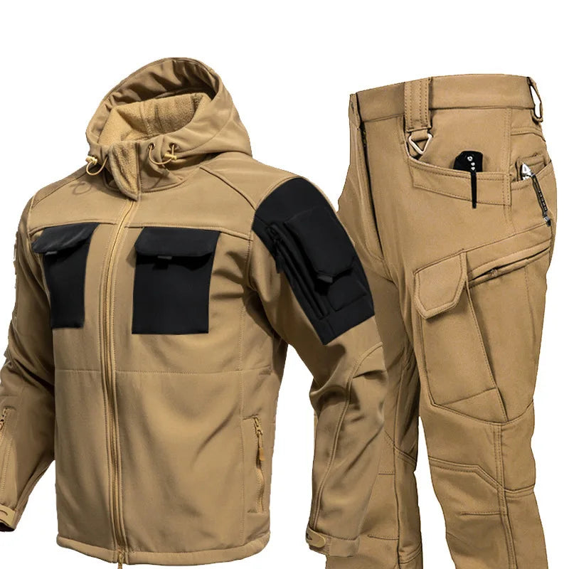 Beetle Invader Shark Skin Softshell Jacket Pants Set Camouflage Tactical Military Suit Waterproof Windproof Fleece Lined Outdoor