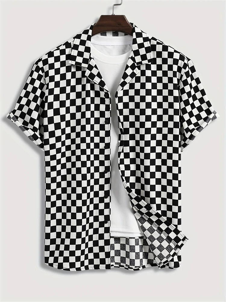Hawaii Fashion Black And White Plaid Shirt Summer Simple Daily Men's And Women's Lapel Button Down Tops Oversized Cool Casual