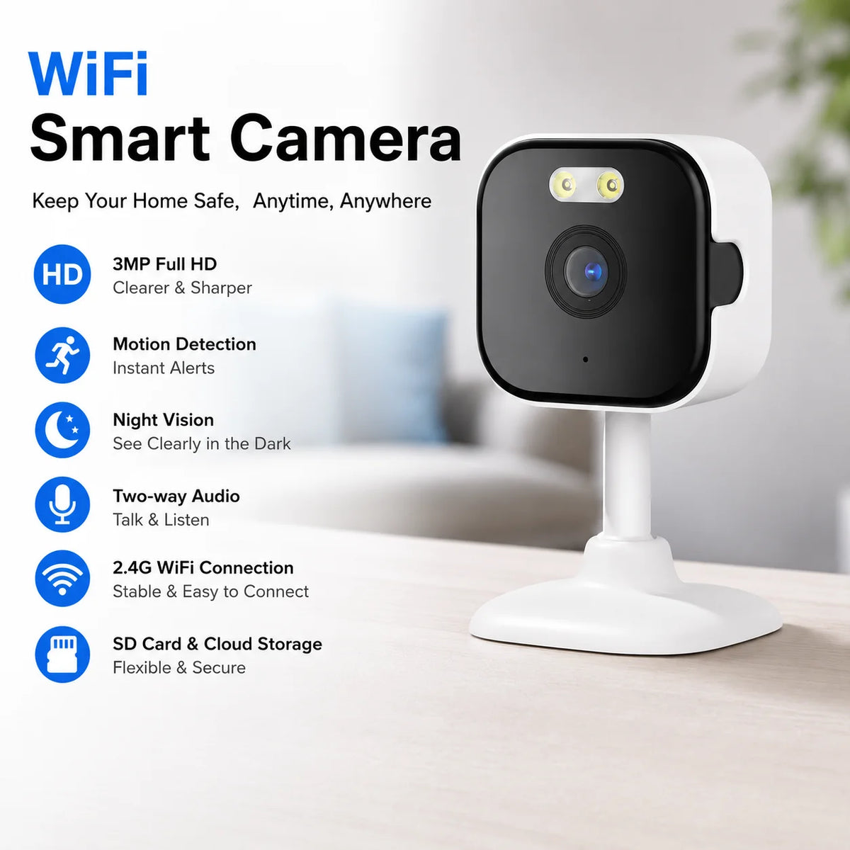 3MP WiFi Security Camera Indoor Smart IP Smart IP Camera with Motion Detection Night Vision Two-Way Audio Baby Monitor Supports