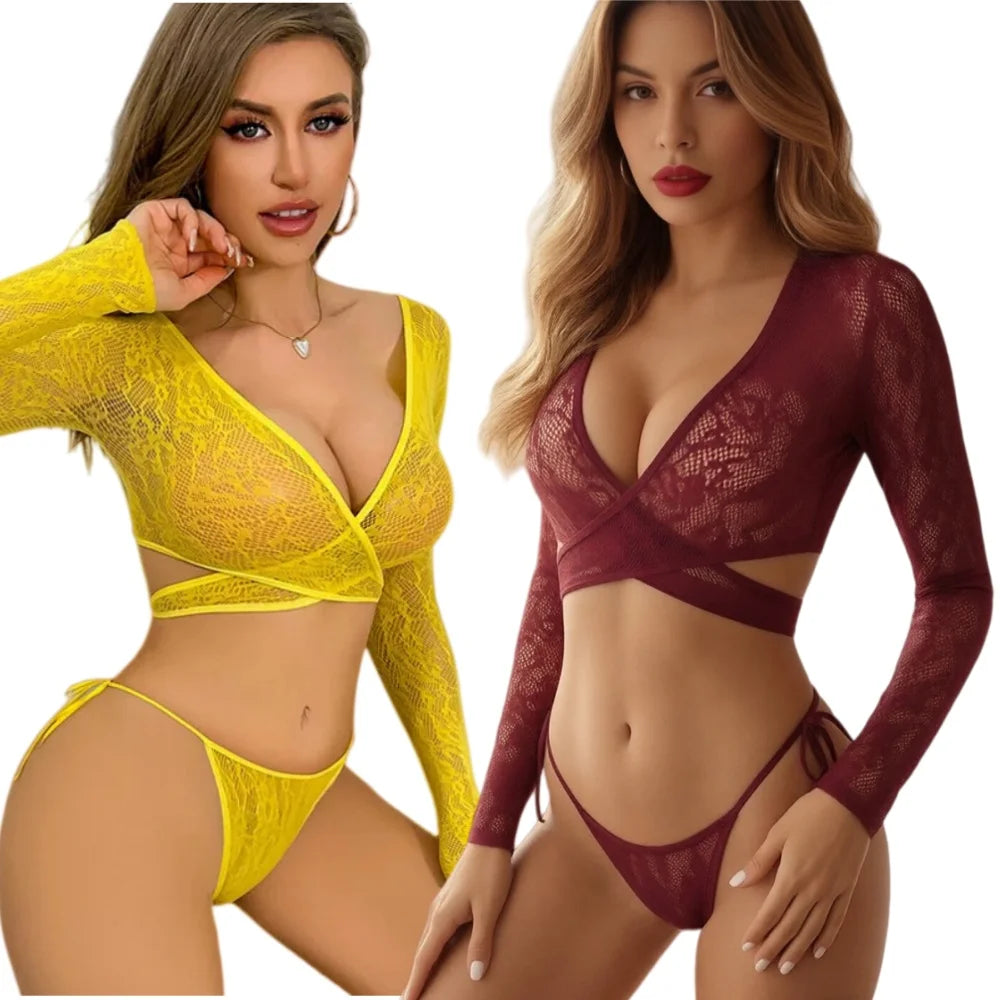 Ladies Sexy Lace See-through Bikini Set Low-cut Strapless Seductive Sleepwear Tempting Lingerie Ensemble for Women