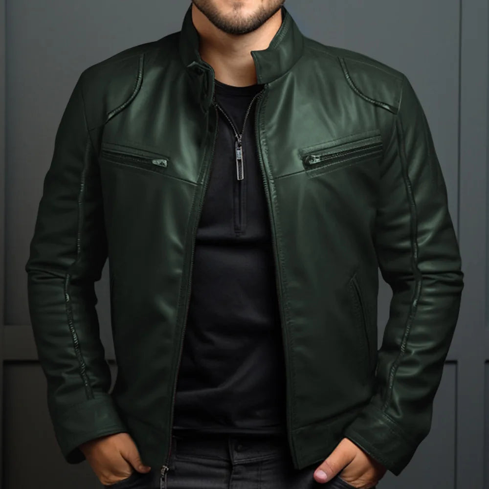 Asian Size Men's Motorcycle Leather Jacket Stand Collar Punk Biker Jacket Men's Casual Slim Fit PU Leather Coat Riding Jacket