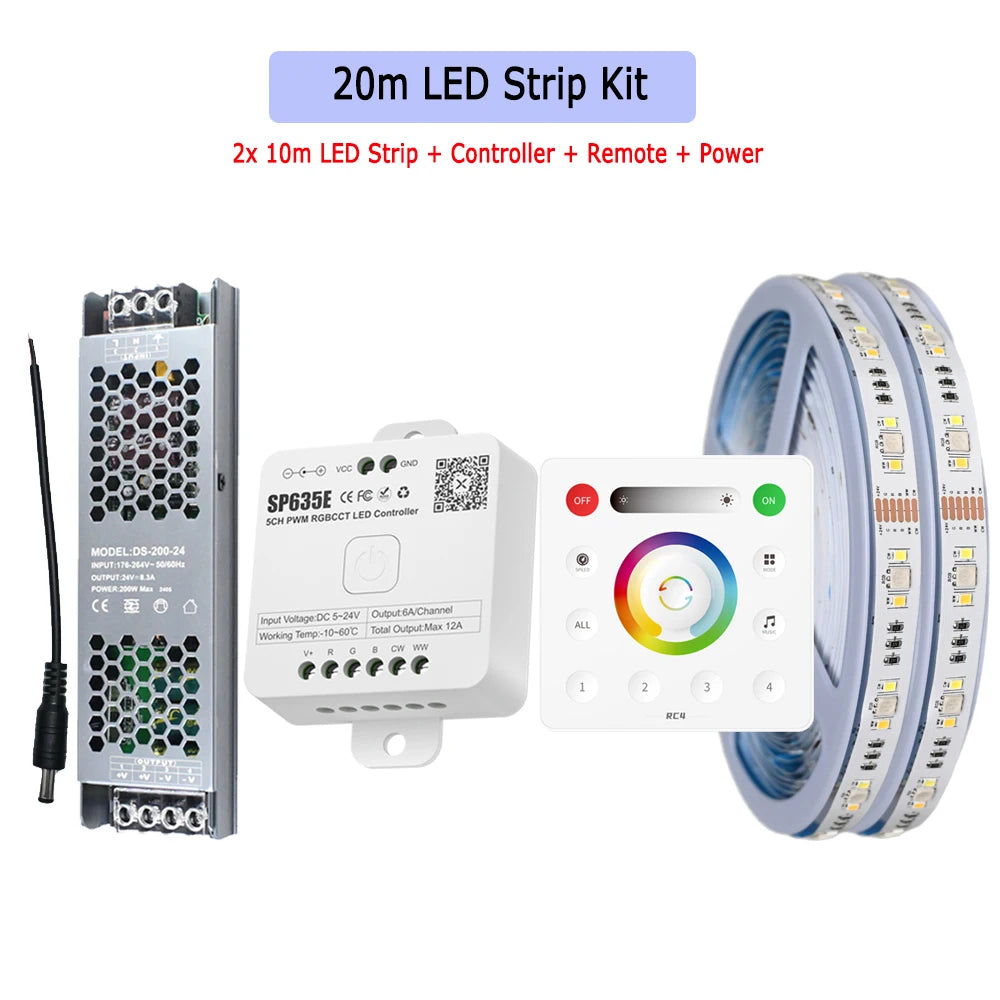5m 10m 20m RGB+CCT LED Strip 24V 5050 Colorful+Dual White Flexible Dimmable Room Party Light Decor RF Touch Remote Control Kit