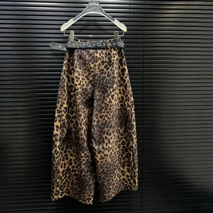 Wide Leg Leopard Print Pants Full Length Ins Style with Streetwear No Stretch Regular Thickness Belt Mid Waist Women Pants