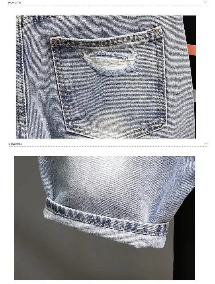 Trendy Blue Denim Shorts For Men Casual Style Slim Fit Korean Version Ripped Pockets Summer Lightweight Trousers