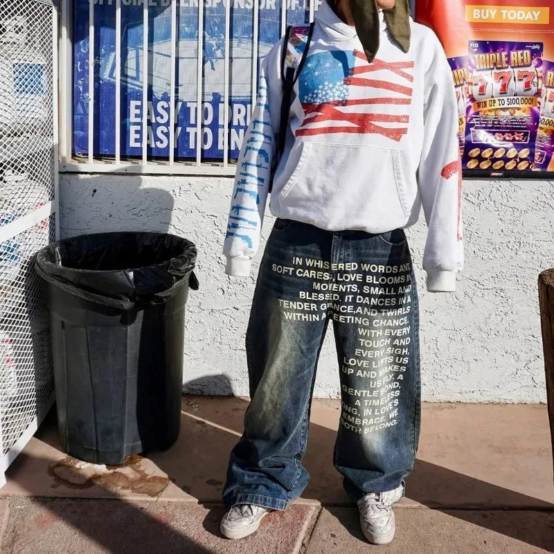 Vintage Letter Printed Women's Men's Jeans Y2k Harajuku Washed Wide Leg Jeans Loose Hip Hop Street Style Casual Mopping Pants