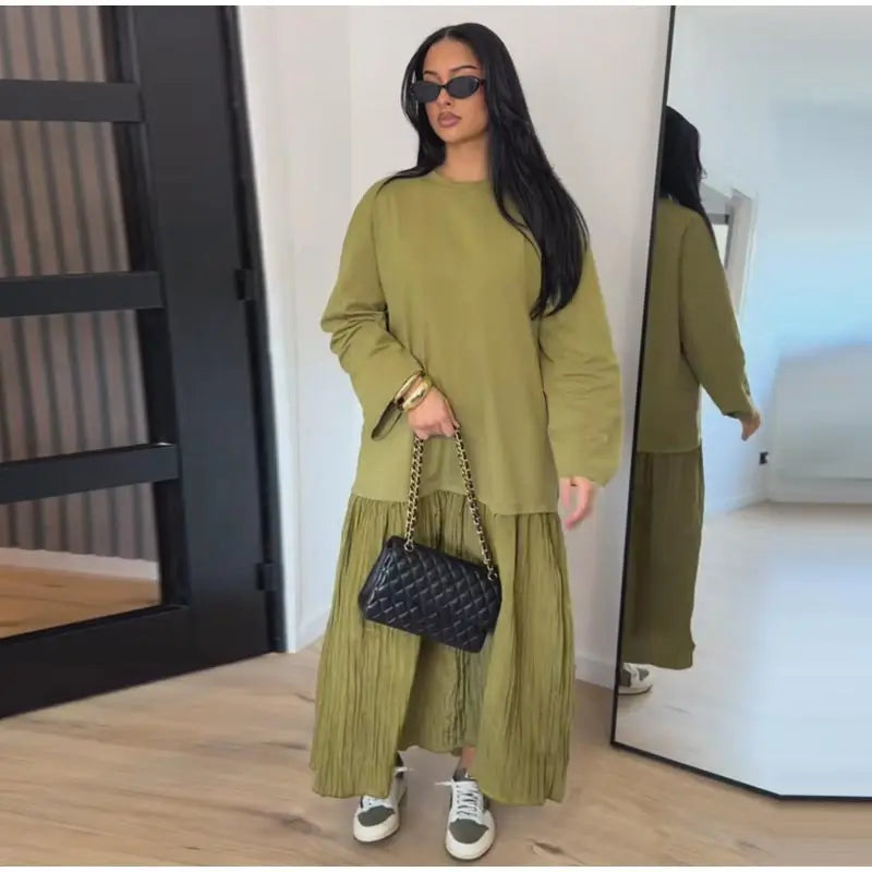 Solid Color Loose Fit Flare Sleeve Tiered Dress Crew Neck Ruffle Hem Pleated Long Maxi Dresses 2026 Spring Chic Casual Outwear