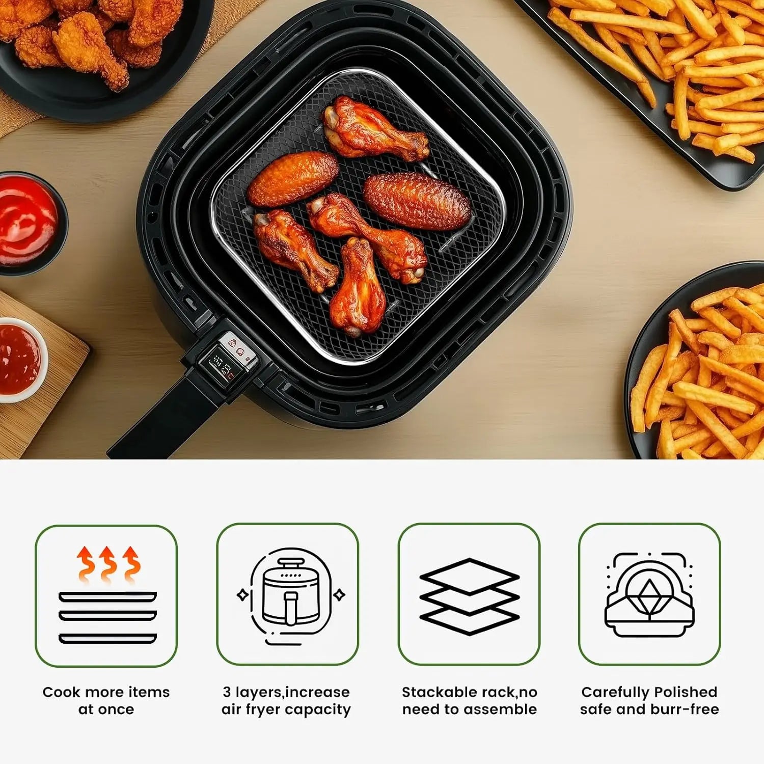PLOVG Stackable Air Fryer Racks Set Stainless Steel Grilling Oven Steamer Cooker Home Kitchen Gadgets Round Square Rectangle