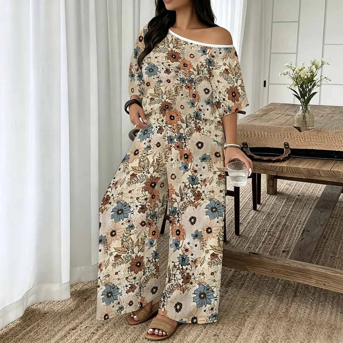Plus Size Women Spring/summer Fashion Print Two Piece Off-shoulder  Round Neck T-shirt Casual Vacation Long Pants