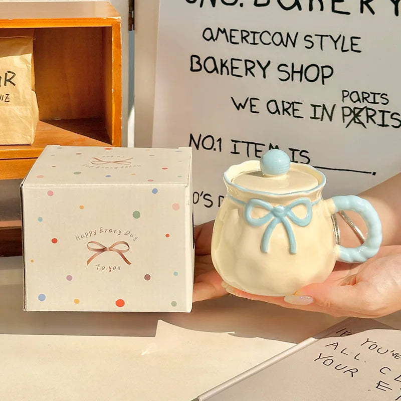 Ceramic Mug with Gift Box, Hand Painted Underglaze Bow, Birthday Gift Souvenir for Her, Cute Present, Coffee Cup, Ladies Gift