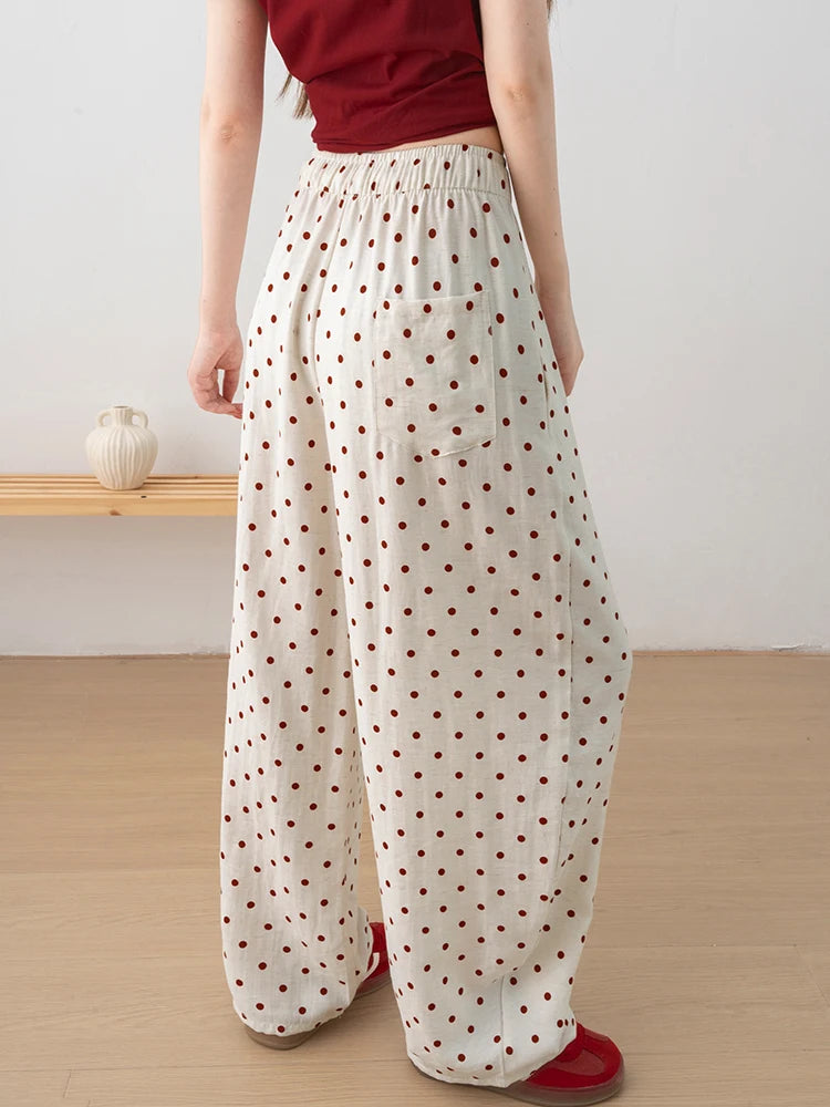 Linen Polka Dot Wide-Leg Pants for Women's Summer, Thin High-Waisted Loose and Laid-Back Style Yamamoto Pants, Casual Straight-L