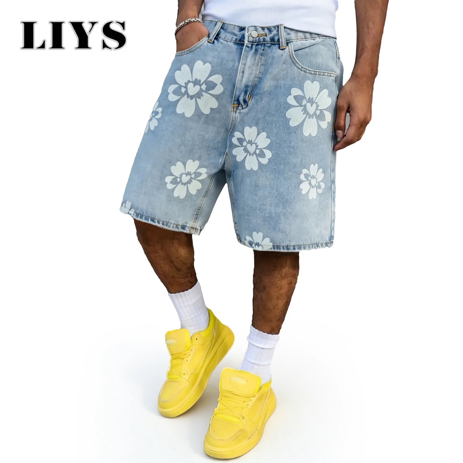 LIYS Fresh Delicate Style Flower Print Fashionable Wide Leg Men's Jeans Y2K Casual Elegant Bermuda Denim Shorts Couple Pants