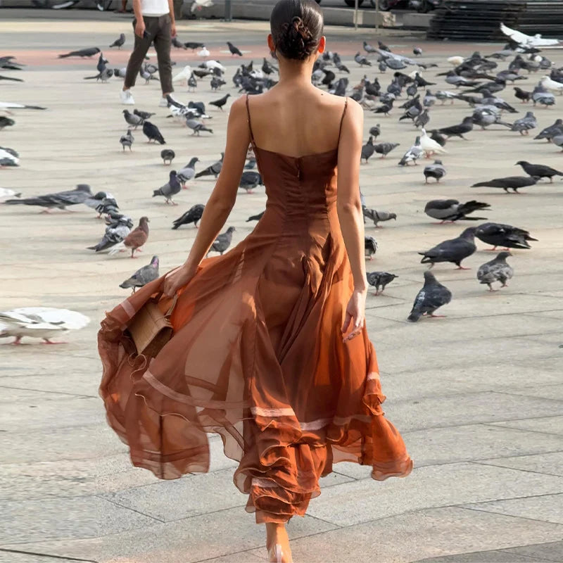 Elegant Pleated Women's Dress Sleeveless Backless Patchwork Waist-Closed Ruffle Hem Sling Maxi Dresses 2026 Summer Female Robe