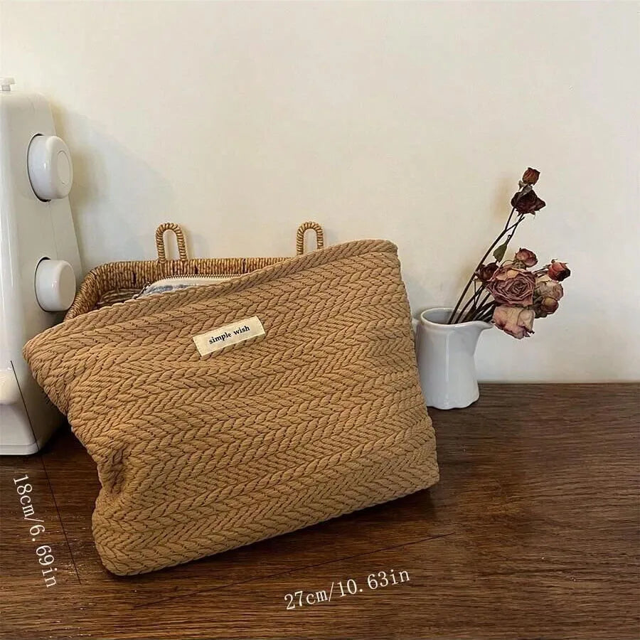 Handwoven Cotton Makeup Bag – Artistic Crochet Cosmetic Pouch with Zipper, Minimalist Clutch for Women