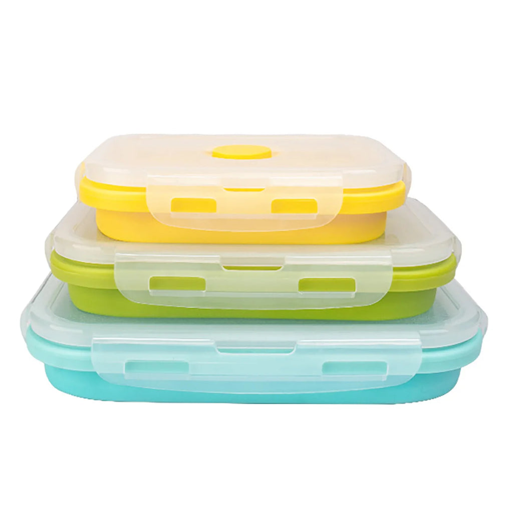 3 Pack Collapsible Silicone Food Storage Container, Lunch Boxes with Clip-on Lid, Stackable, Space Saving, Dishwasher Safe