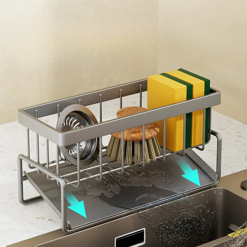 Kitchen Sink Drain Rack Organizer Stainless Steel Self Draining Sink Shelf Soap Sponge Holder Dishcloth Towel Rack Filter Basket