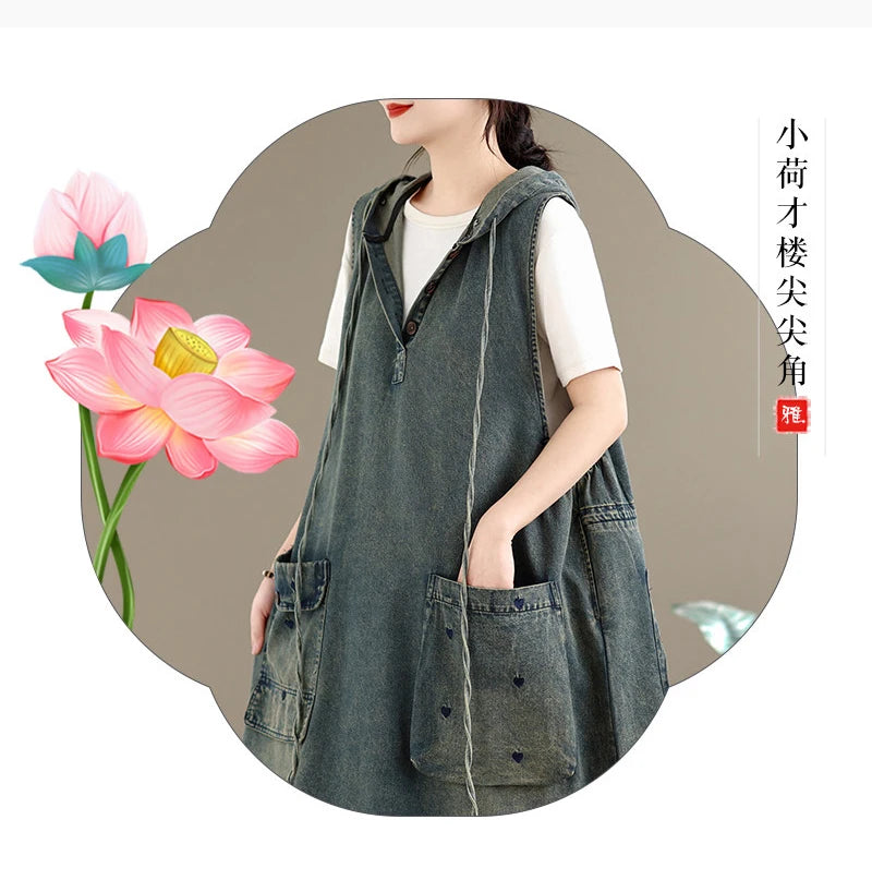 Original Denim Suspender Dres for Women Summer Fashion Vintage Big Pocket Mid-long Frocks Female Hip Hop Baggy Streetwear