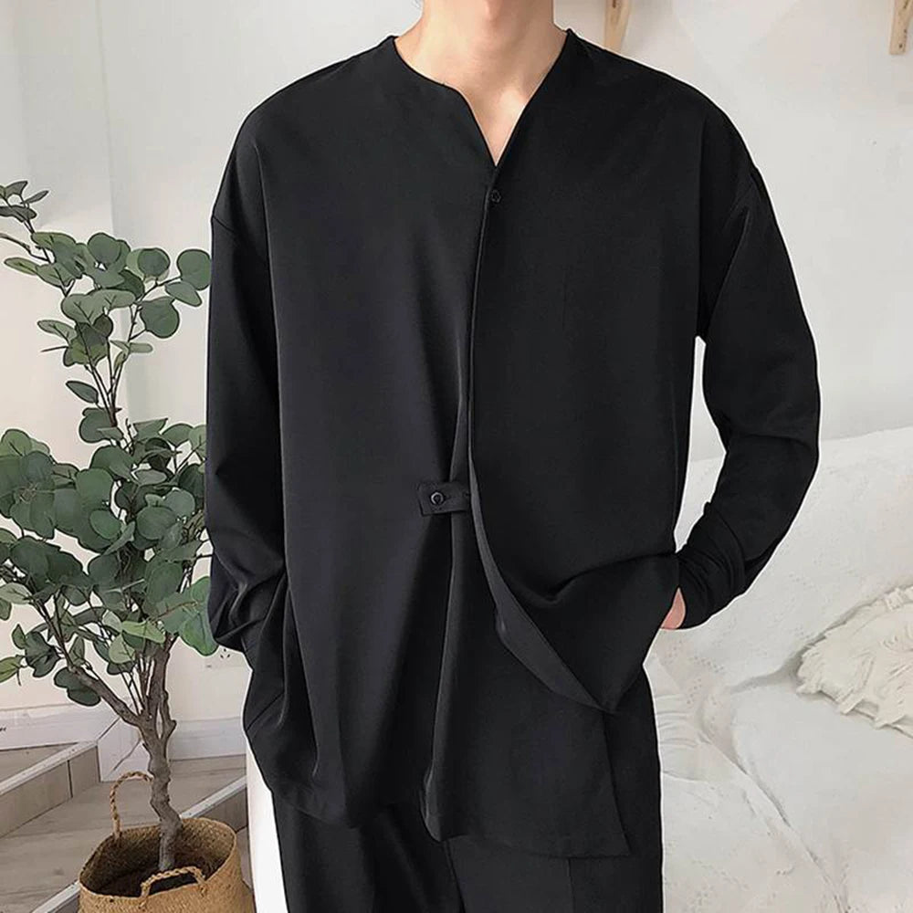 2023 Black Net Shirt for Men Short Bulk Shirts Men Male Casual Loose Lrregular Shirt Collarless Long Sleeve Shirt Korean Shirt