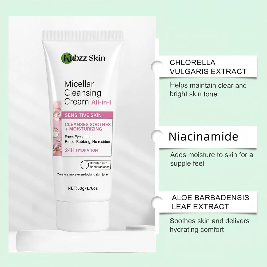 Micellar Cleansing Cream 50G——Niacinamide, Hyaluronic Acid, Collagen Formula, Deep Cleansing, Gentle Cleansing, Soothing and Moisturizing in One, Smooths Skin, Suitable for Face, Eyes and Lips, Can Be Used for Sensitive S