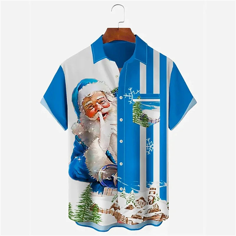 Christmas Men's Santa Claus Print Shirt Daily Wear Autumn Lapel Pocket Shirt Yellow Red Blue Green Fast Shipping