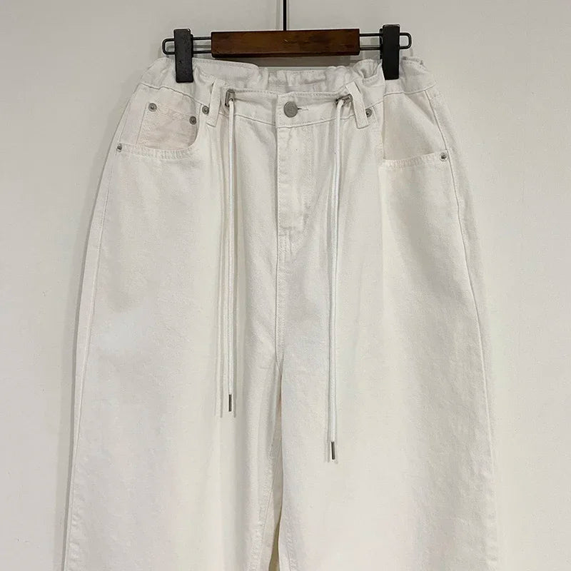 Retro High-waisted Women's Straight Jeans Summer New Fashion Loose Drawstring Design