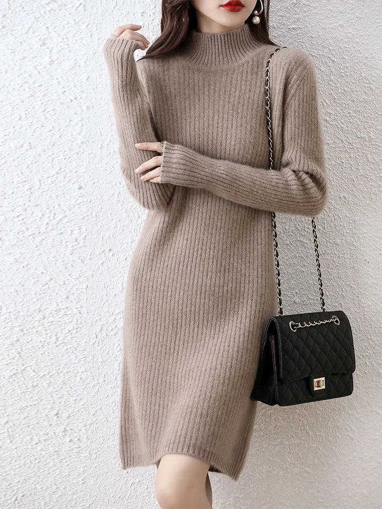 Fashion Cashmere Sweater Womens Knitted Dresses 100% Merino Wool Turtleneck Elegant Dress Autumn Winter Long Sleeve Short Skirts