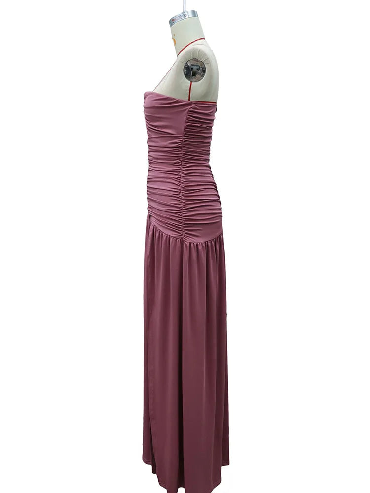 Rinabe Deep V Neck Strapless Maxi Dress Chic Solid Off-shoulder Backless Split Elegant Evening Dress Women Chic Slim Dresses