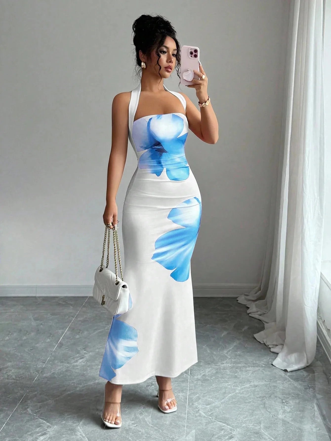 Women's 2026 New Popular Neck Halter Long Dress Hip-wrapped Printed Dress White Dress Birthday Dress for Women Summer Dress
