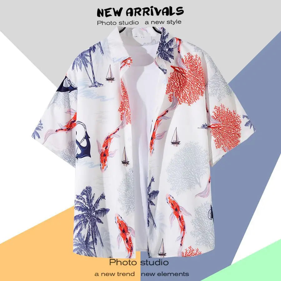 New Summer Casual Short Sleeved Shirt Korean Version Fashionable Men's and Women's Loose Collar Hawaiian Seaside Flower Shirt