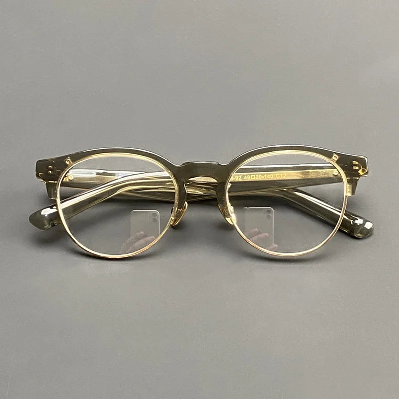 High quality acetate half frame glasses Men's round myopia prescription glasses spring legs pure titanium optical glasses frame