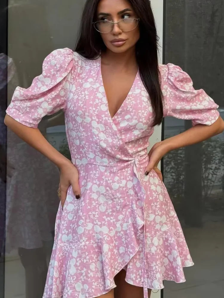 Fashion Women V Neck Printed Short Dress Puff Sleeve Waist-cinching Lace Up Mini Dresses Lady Chic Daily Street Gown 2026 Summer