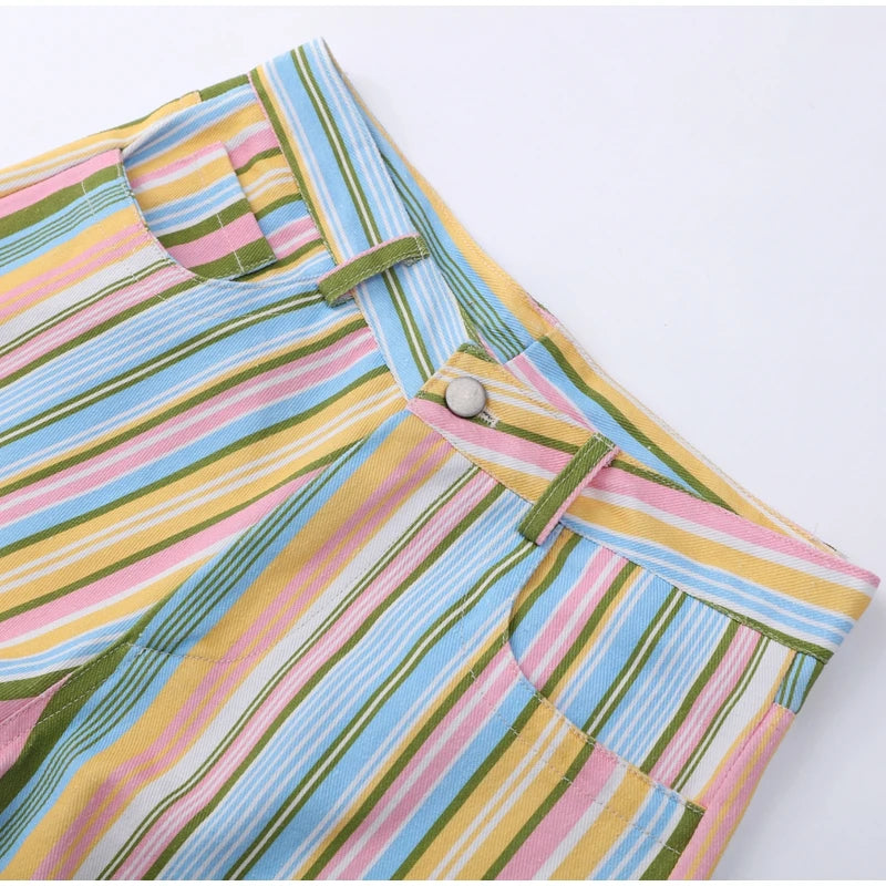 Street Fashion Stripe Women's Pants Zipper Button Pocket Wide Leg Multicolor Vertical Pants 2026 Spring Summer Lady Trousers