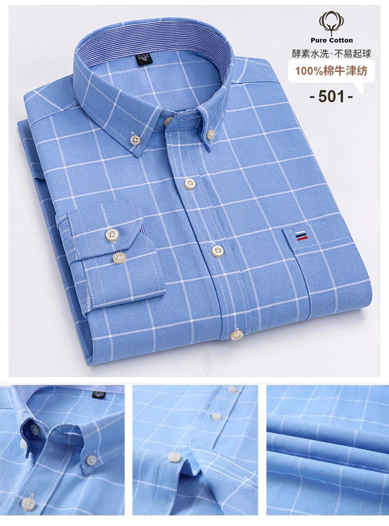 2024 Fashion Men Work Business Brand Shirt Mens Plaid Cotton Casual Dress Shirts Slim Fit Long Sleeve Button Down  Chemise Homme