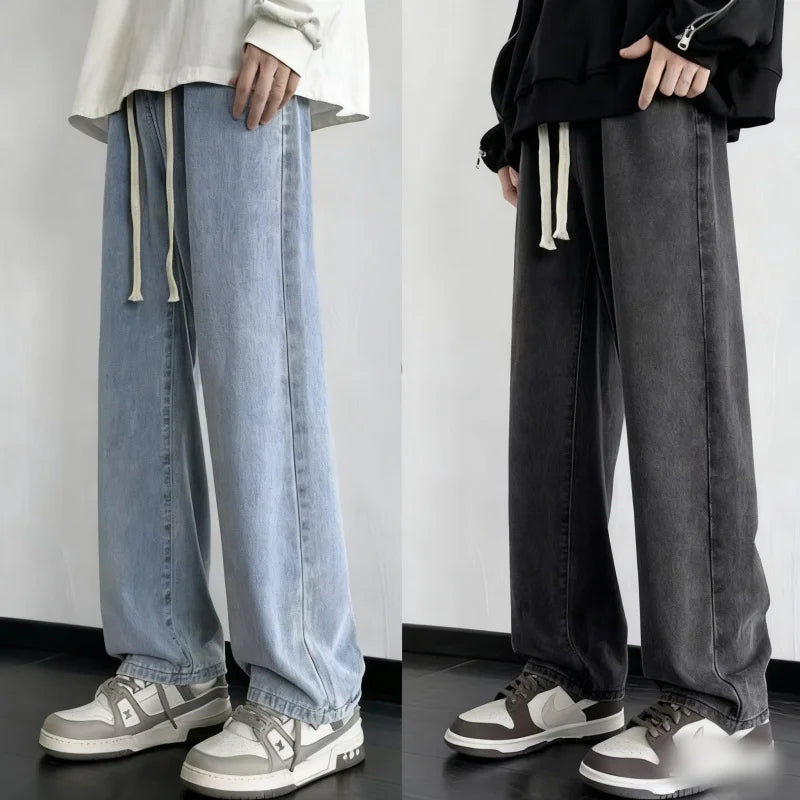 2025 New Korean Men's Casual Long Jeans Classic Man Straight Denim Wide-leg Pants Solid Color Light Blue Grey Black ﻿