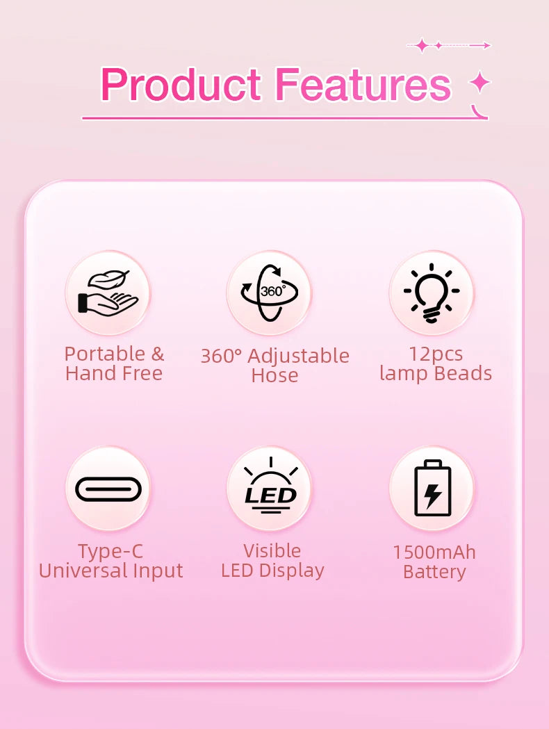 Wireless UV LED Nail Lamp 36W Rechargeable Mini Gel Dryer with Auto Sensor Timer and 360° Rotating Neck for Manicure on the Go