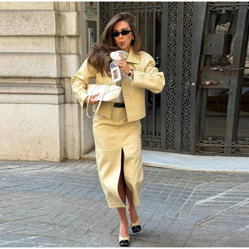 Women's Skirt Sets Crocodile Faux Leather Lapel Long Sleeve Button Oversized Jackets Straight Skirts Autumn Female Loose Outfits