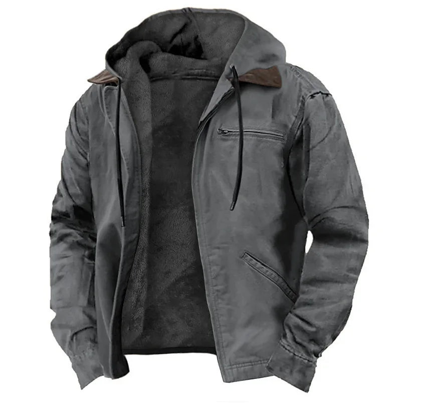 European and American Men's Autumn and Winter Casual Hooded Zipper and Fleece Warm Jacket With Multiple Pockets Outdoor Jacket