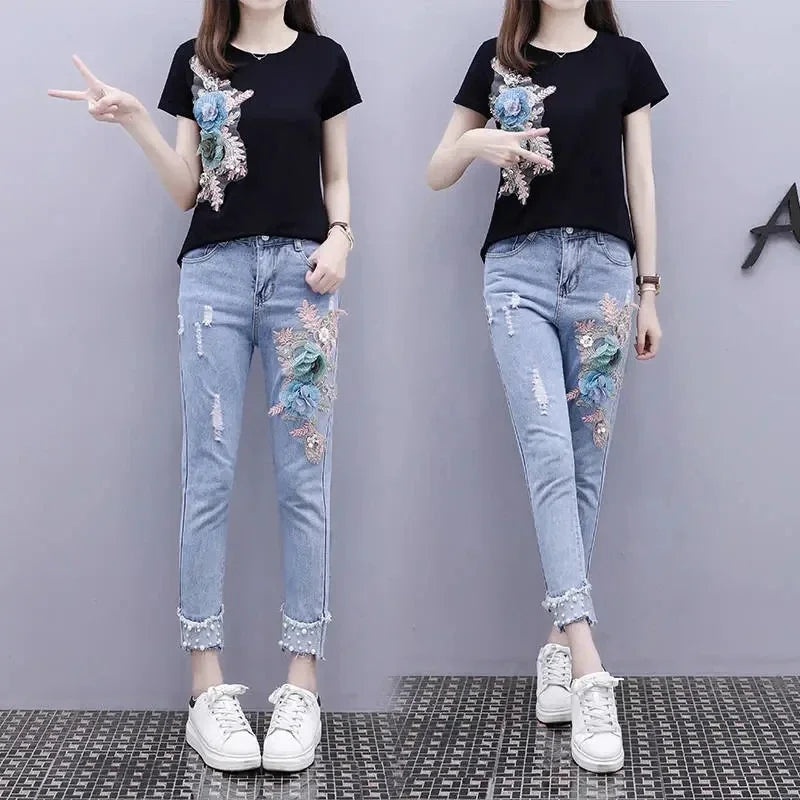Two-Piece Suit 2025 Summer New Women Denim Pants Beading Embroidery Tshirt Tops+ High Waist Hole Jeans Female Casual Outfits