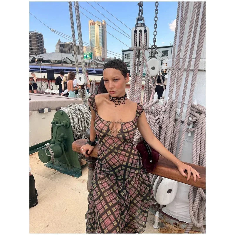Plaid Off Shoulder Long Dress Women Chic Tie Front Cutout Ruched Asymmetric Hem Sundress 2026 Summer Lady Casual Daily Vestidos