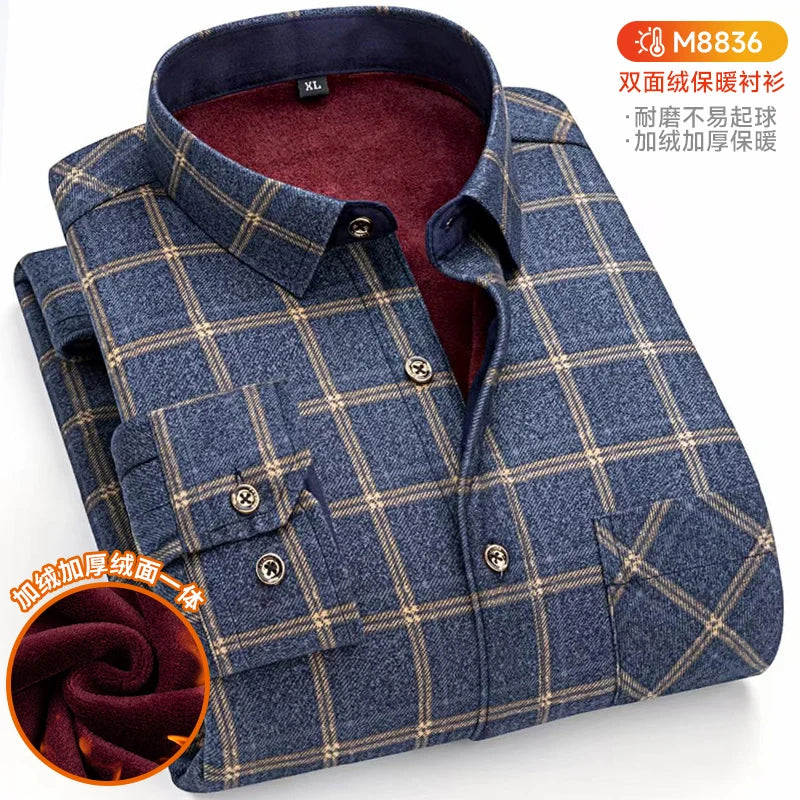Winter Warm Shirts For Men Regular Fit Thicker Velvet Top Blouse Asia Plus Size Big Plaid Casual Clothing Long Sleeves Shirts
