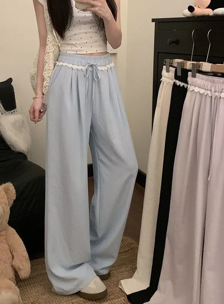 Women Lace Trim Wide Leg Pants Elastic Drawstring Waist Loose Casual Trousers Multiple Colors