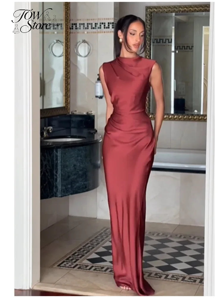 Solid Satin Cowl Neck Women's Dress Elegant Sleeveless Ruched Waist Fishtail Bodycon Lady Vestido 2026 Summer Party Dresses