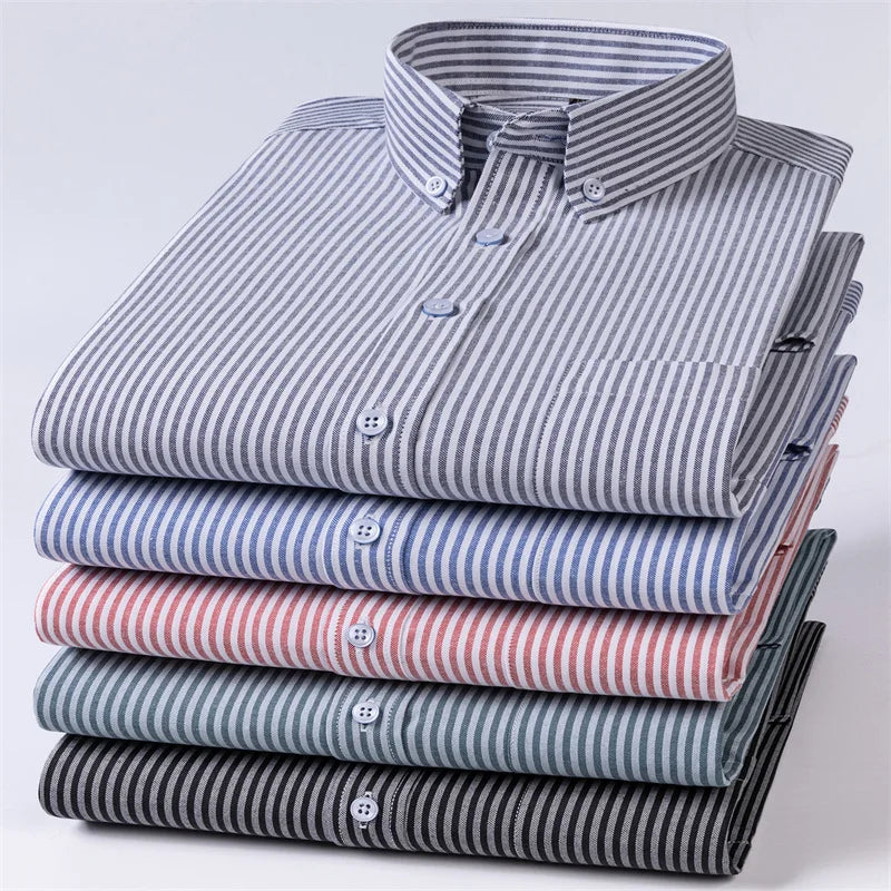New Cotton Oxford Men's Shirts Long Sleeves Stripe Thin Soft Regular Fit Formal Dress Shirt Pocket Social Blouse Male Clothes