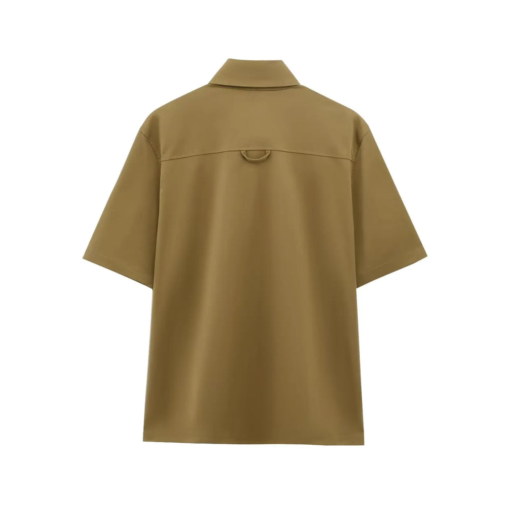 HH Women Summer Solid 2-Piece Set Button Pocket Decoration Short Sleeve Lapel Shirts+High Waist Pleated Zipper Casual Shorts