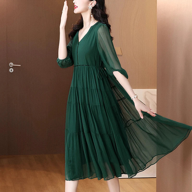 Women's Vintage Solid Elegant Evening Prom Dress Spring Holiday Boho Hepburn Vestidos 2025 Summer Luxury Silk Casual Midi Dress