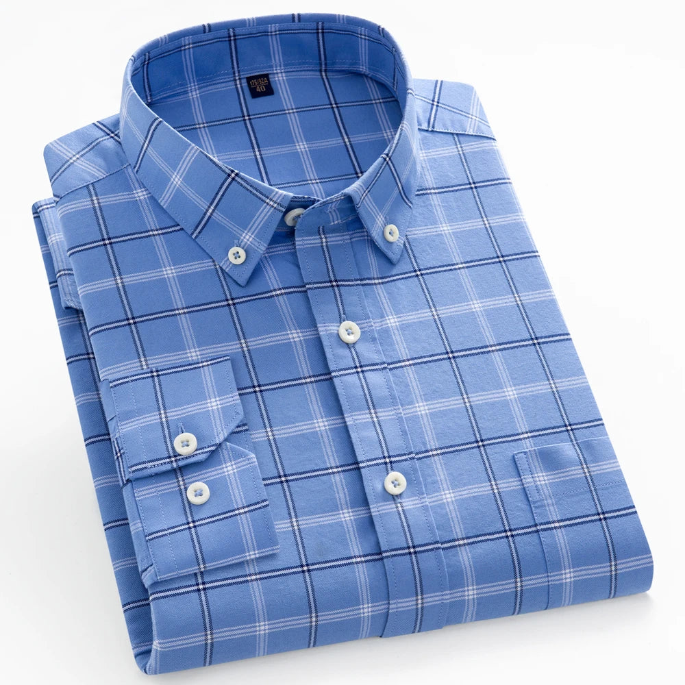 Men's 100% Cotton Breathable Oxford Fabric Dress Shirt, Plaid Striped Casual Long Sleeve, Button-Up with Collar and Chest Pocket
